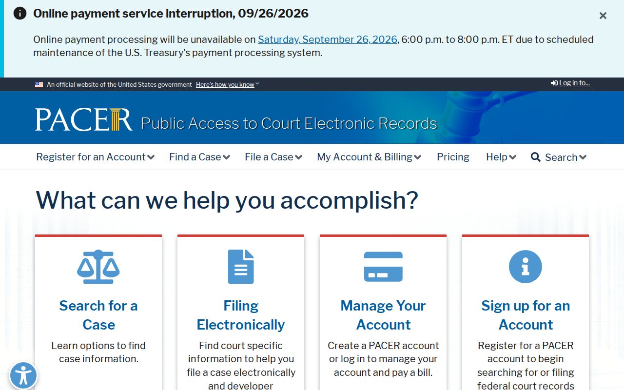 Alabama warrant system: federal PACER court docket access page