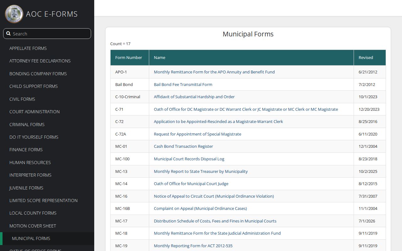 Alabama traffic warrant records: AOC municipal court forms catalog