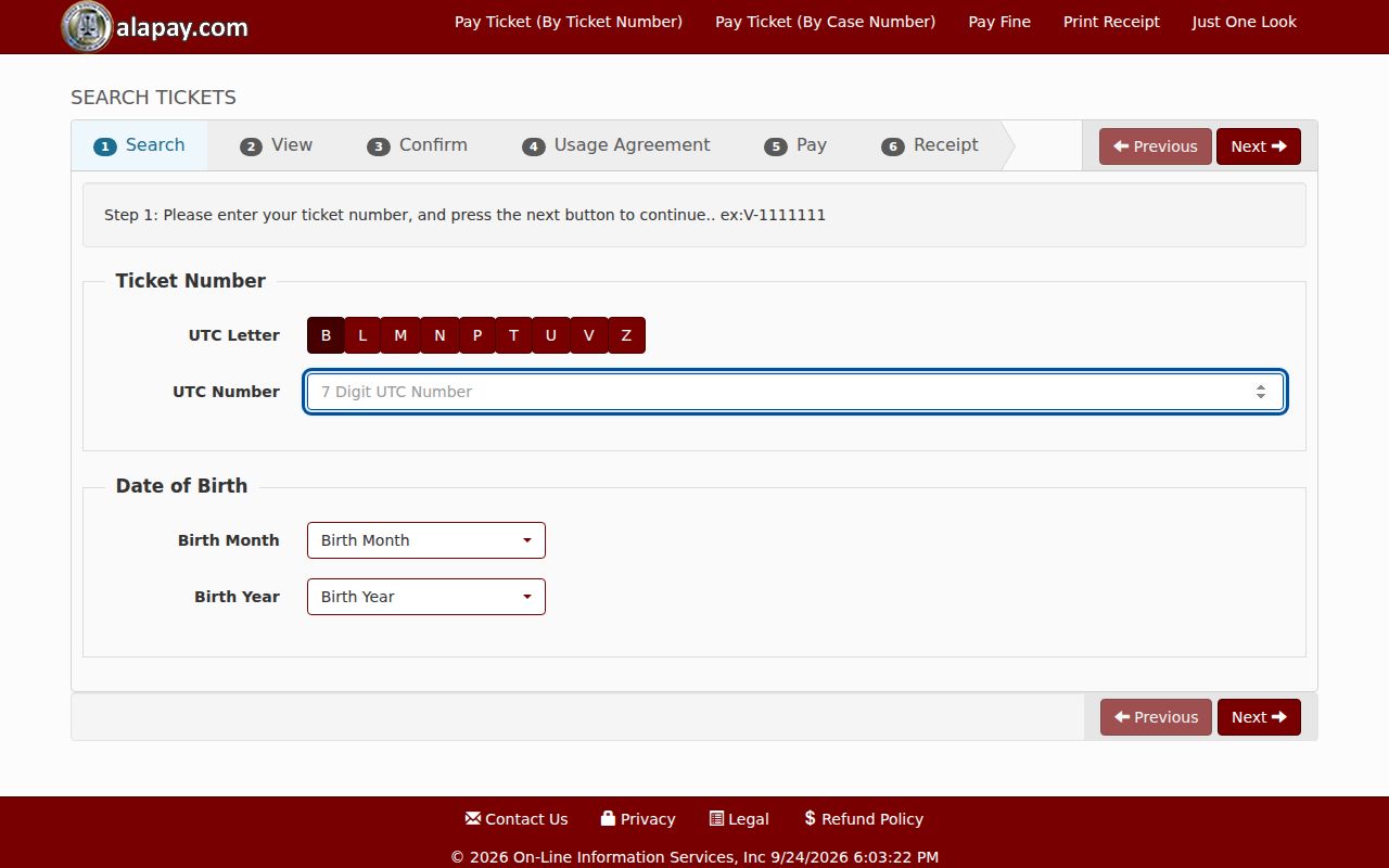Alabama traffic warrant records: blank AlaPay ticket search fields